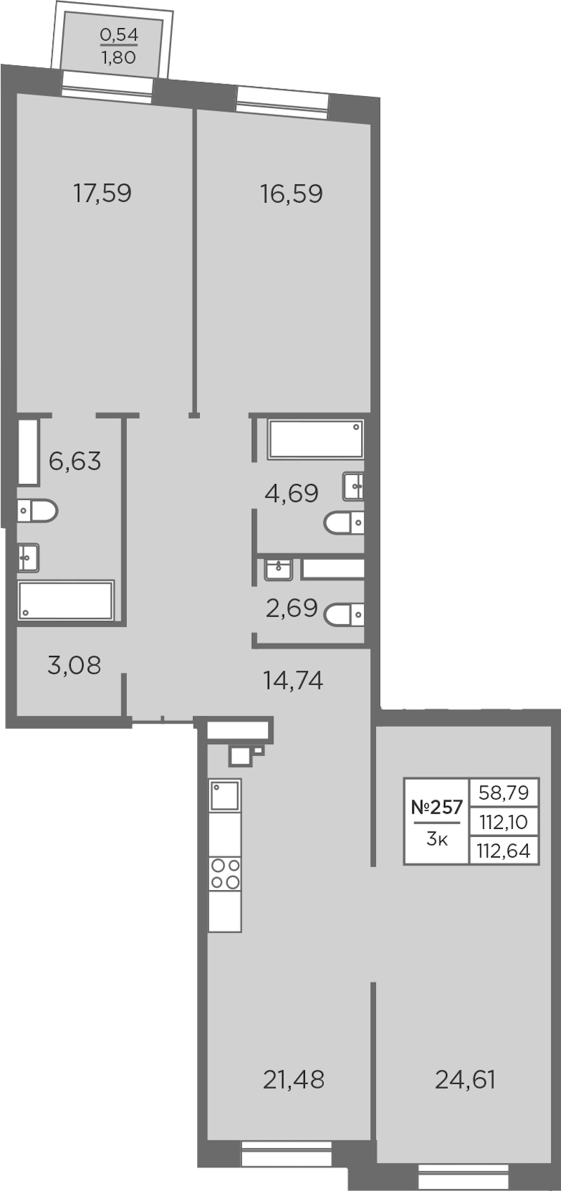 3-комнатная квартира 112.64 м², 7/8 эт., ЖК «Северная Корона»